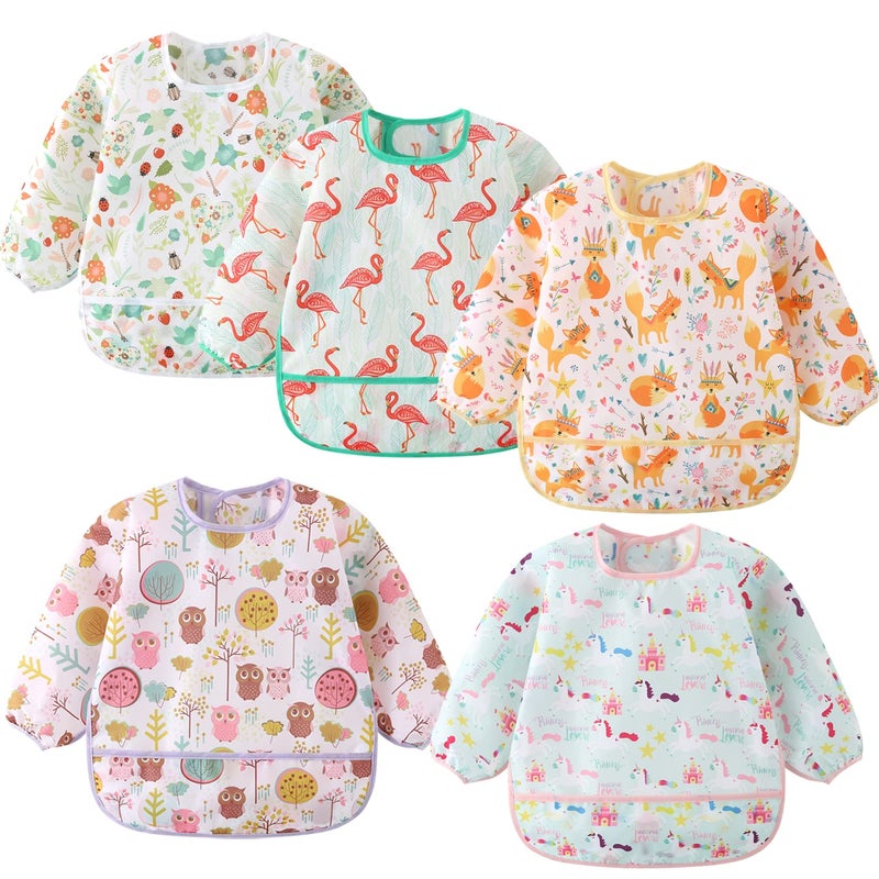 ElecMotive 5 Pack Long Sleeve Bib,Baby Toddler Waterproof Sleeved Bib for 6-30 Months Reusable with Catch-all Pocket - Image 1